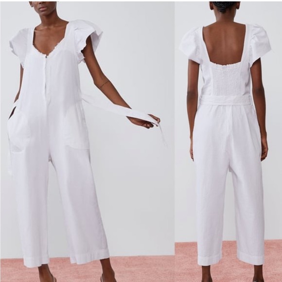 Zara White Rustic Denim Raw Hem Ruffled Cap Sleeve Belted Jumpsuit Playsuit XS - Picture 2 of 13